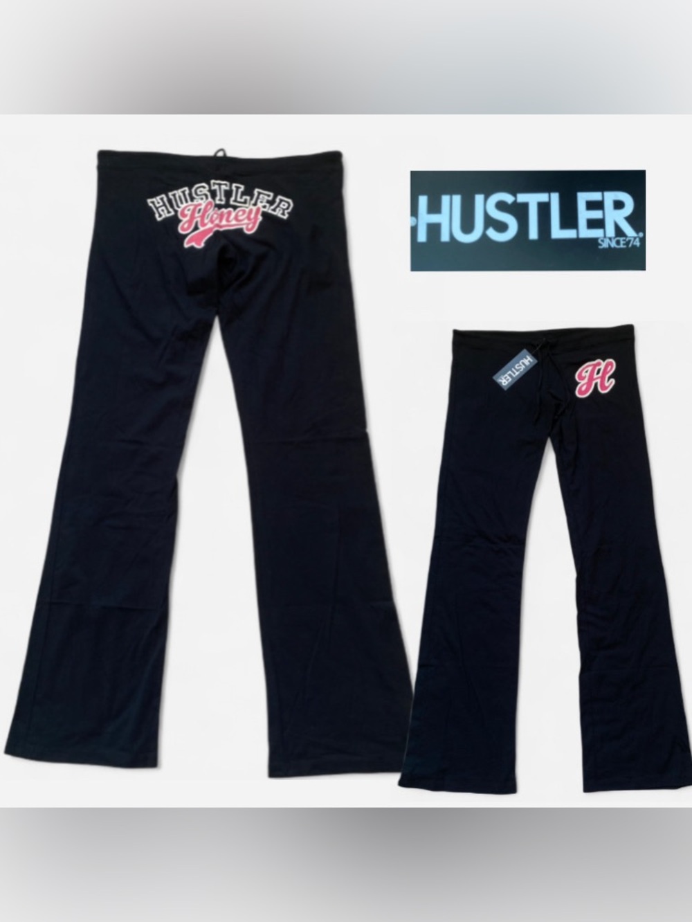 NWT Hustler Black & Hot Pink ‘Hustler Honey’ Lowrise Flare Pants with Drawstring